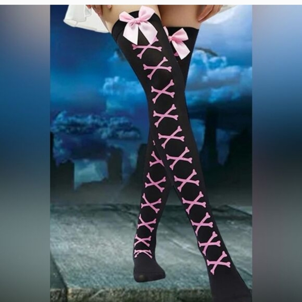 Bones & Bows Knee High Tights Stockings - Picture 16 of 16